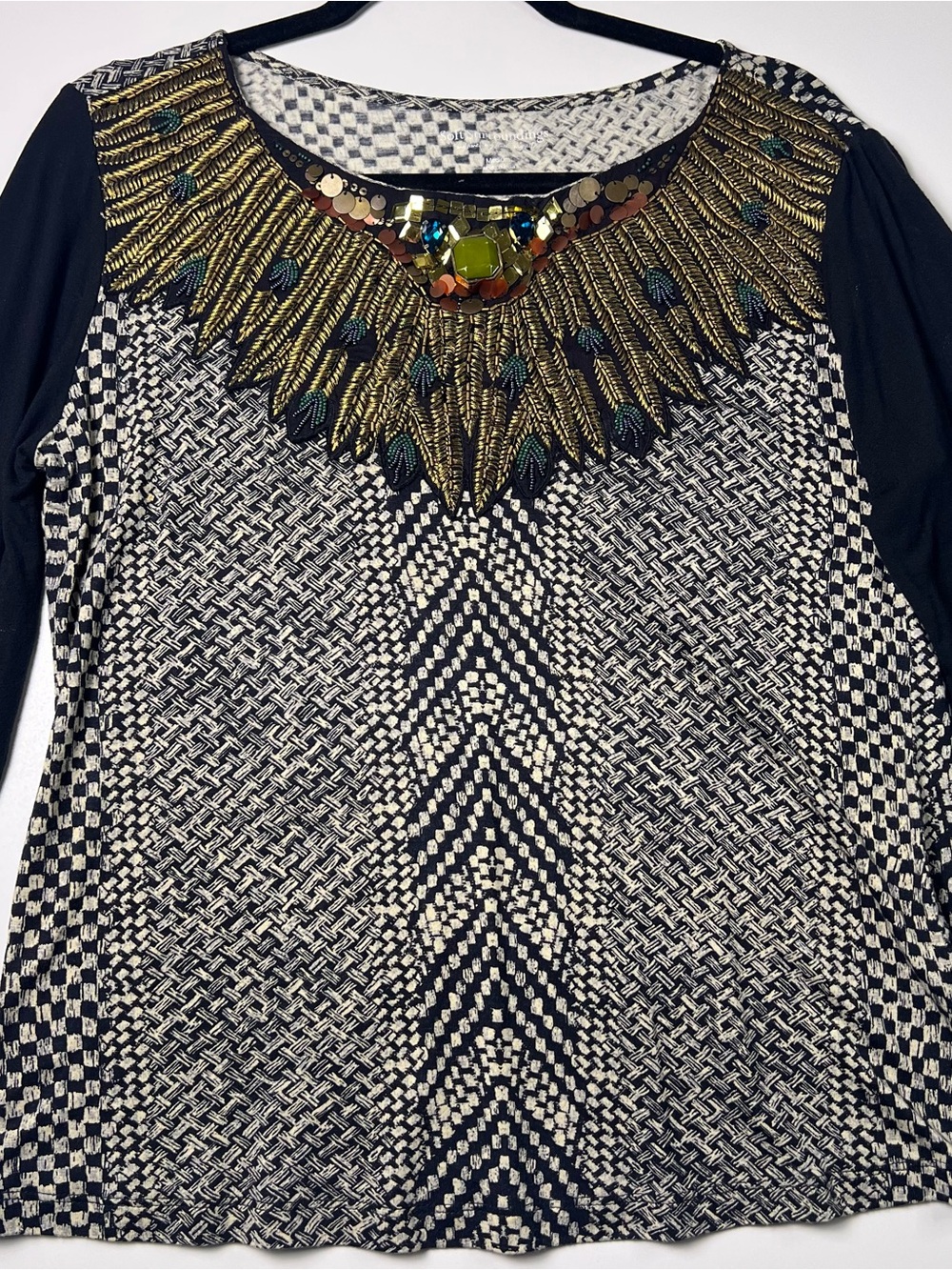 Soft Surroundings Black White Geometric Knit Beaded Sequin Round Neck Top Sz M